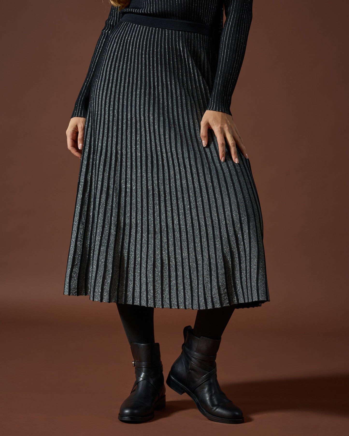 Midnight Shimmer Pleated Midi Skirt