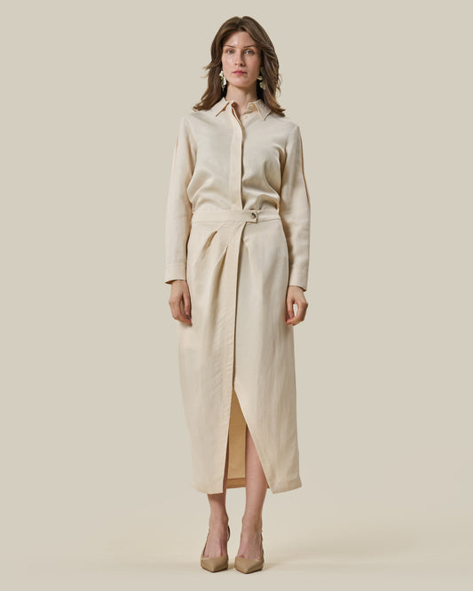 Beige Drape-Front Midi Shirt Dress