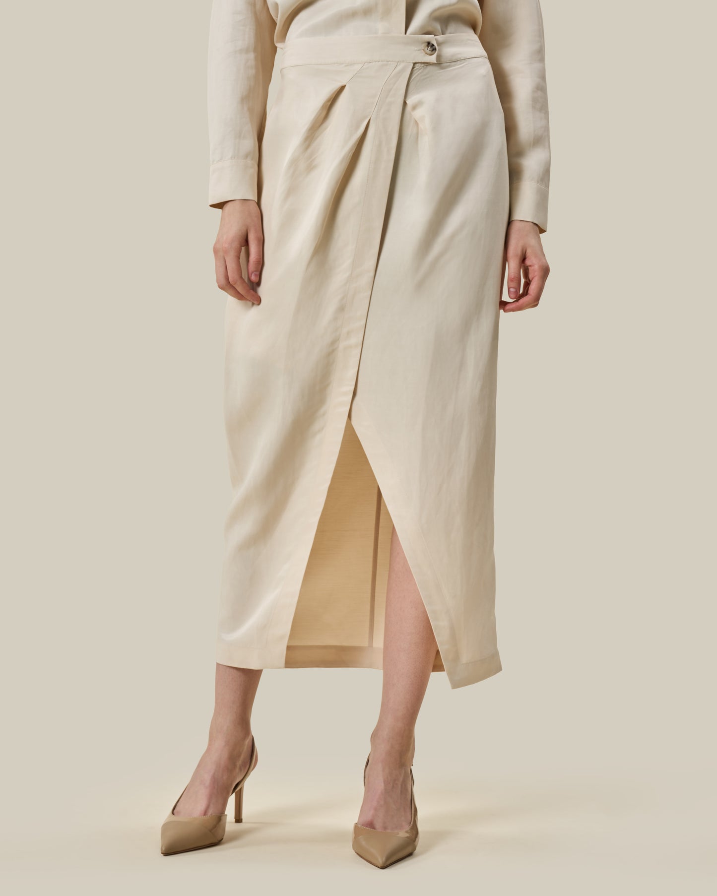 Beige Drape-Front Midi Shirt Dress