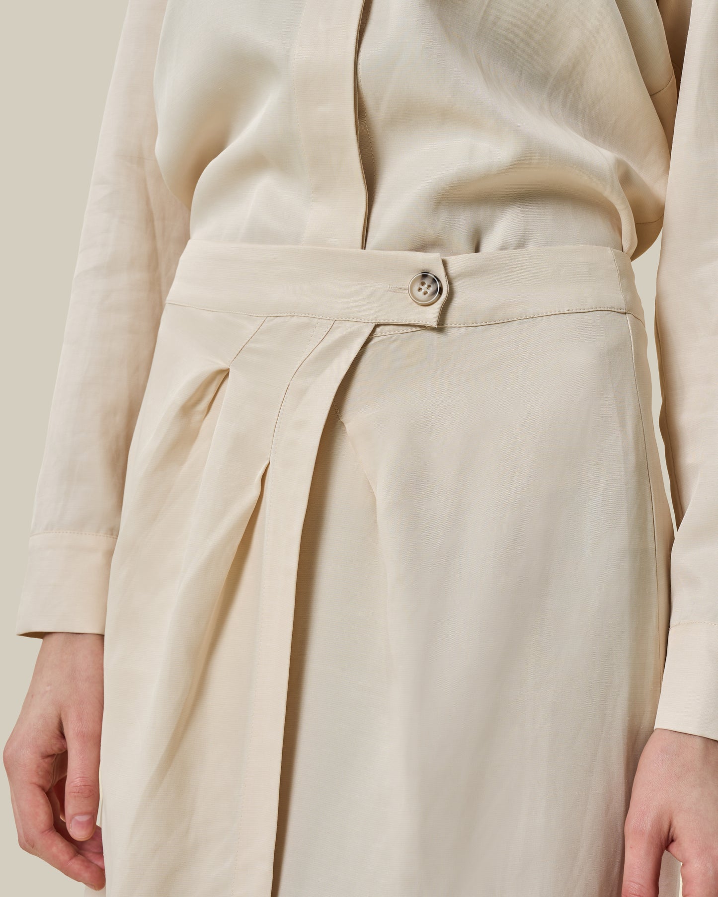 Beige Drape-Front Midi Shirt Dress