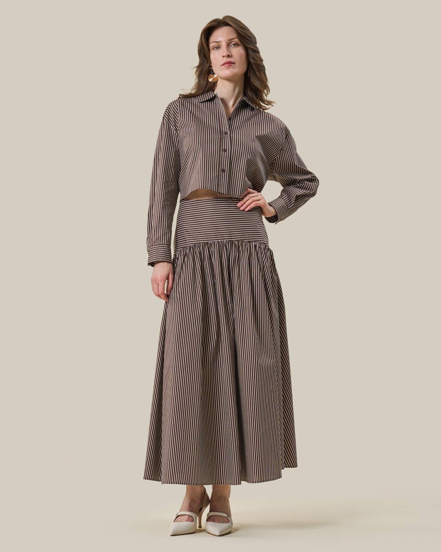 Brown Striped Drop-Yoke Maxi Skirt