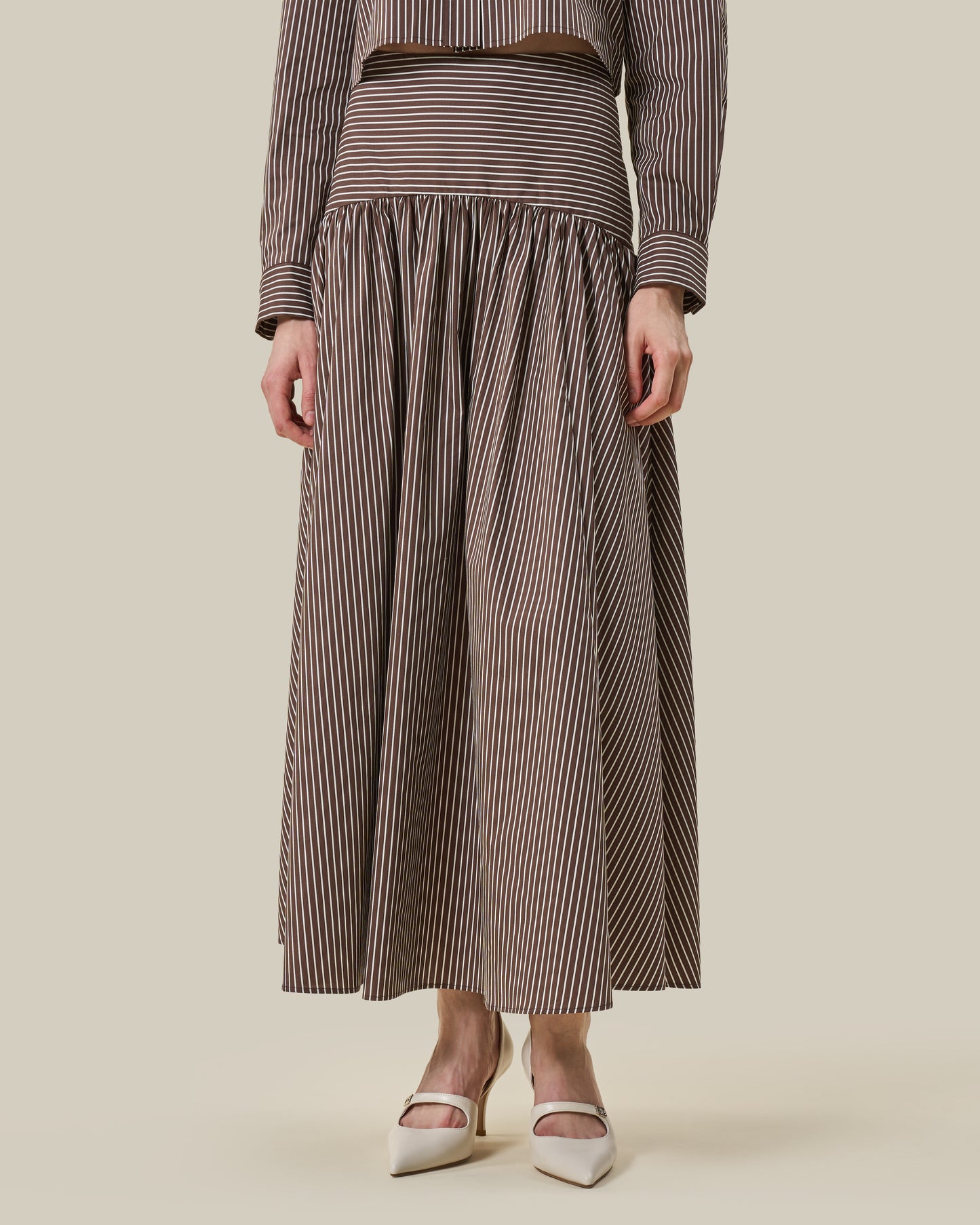 Brown Striped Drop-Yoke Maxi Skirt