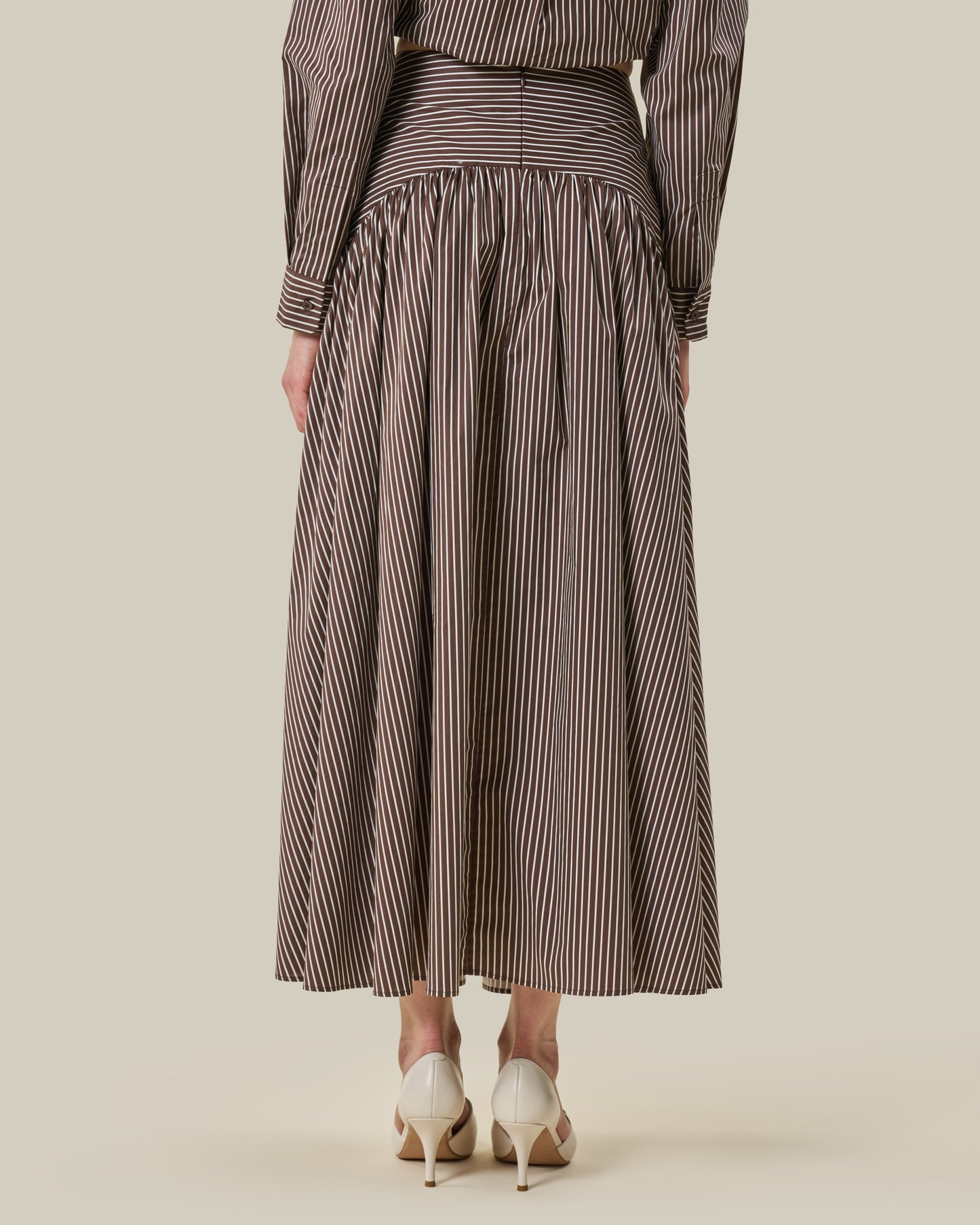 Brown Striped Drop-Yoke Maxi Skirt
