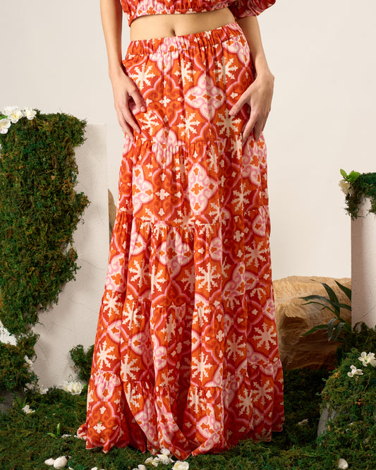 Tile Print Tiered Skirt