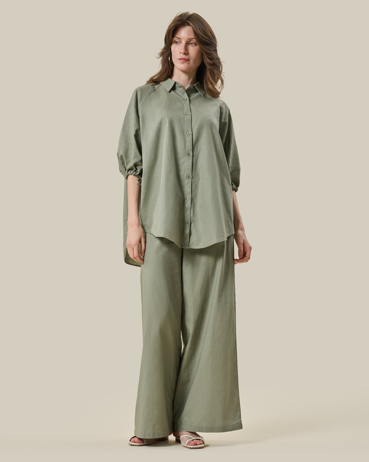 Sage Green Gathered Sleeve Linen Shirt