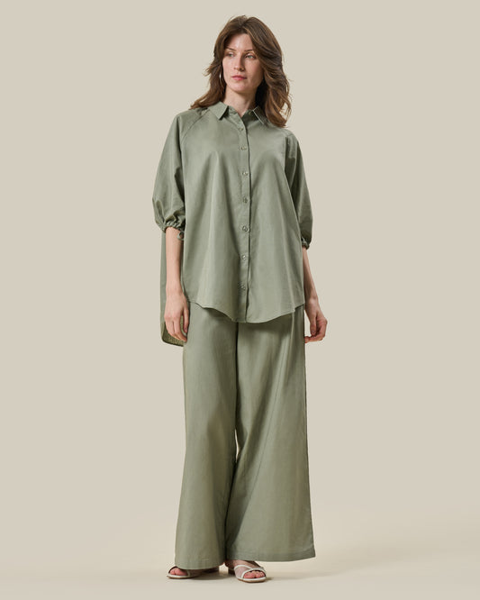 Sage Green Gathered Sleeve Linen Shirt