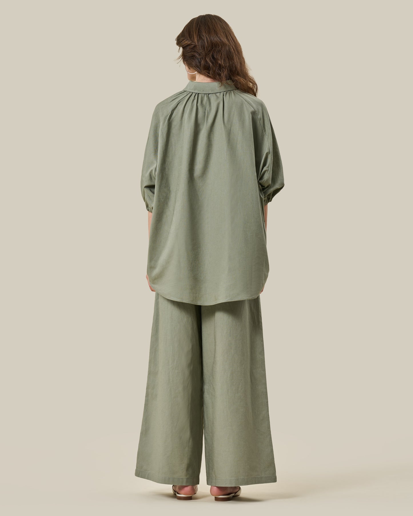 Sage Green Gathered Sleeve Linen Shirt