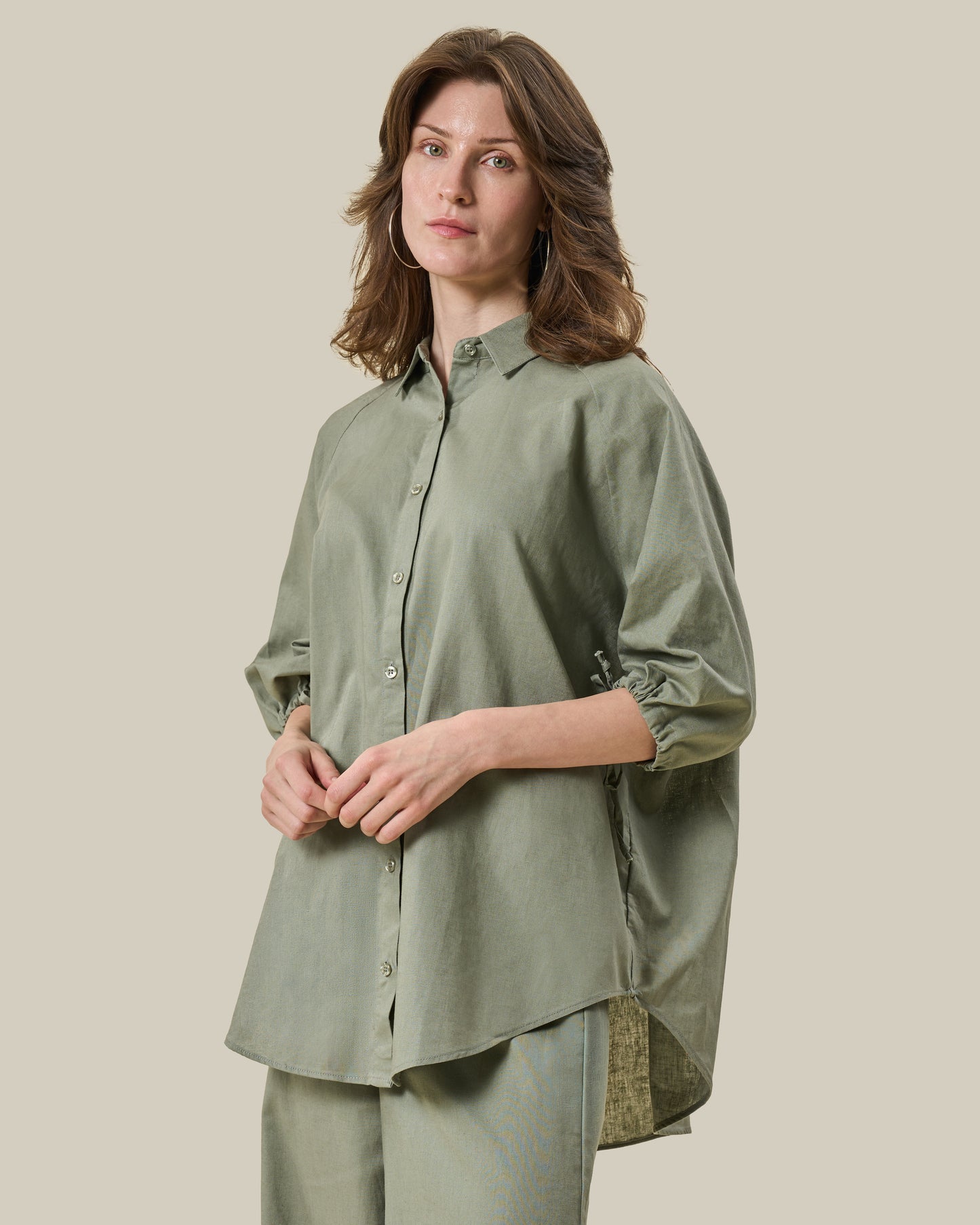Sage Green Gathered Sleeve Linen Shirt