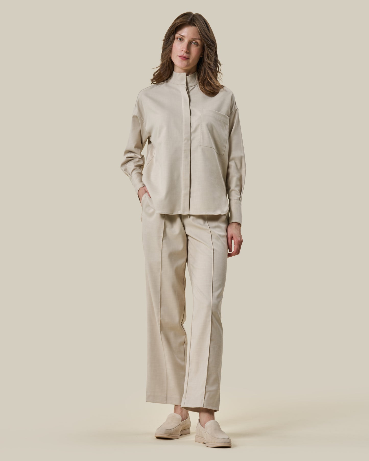 Beige High-Collar Oversized Shirt