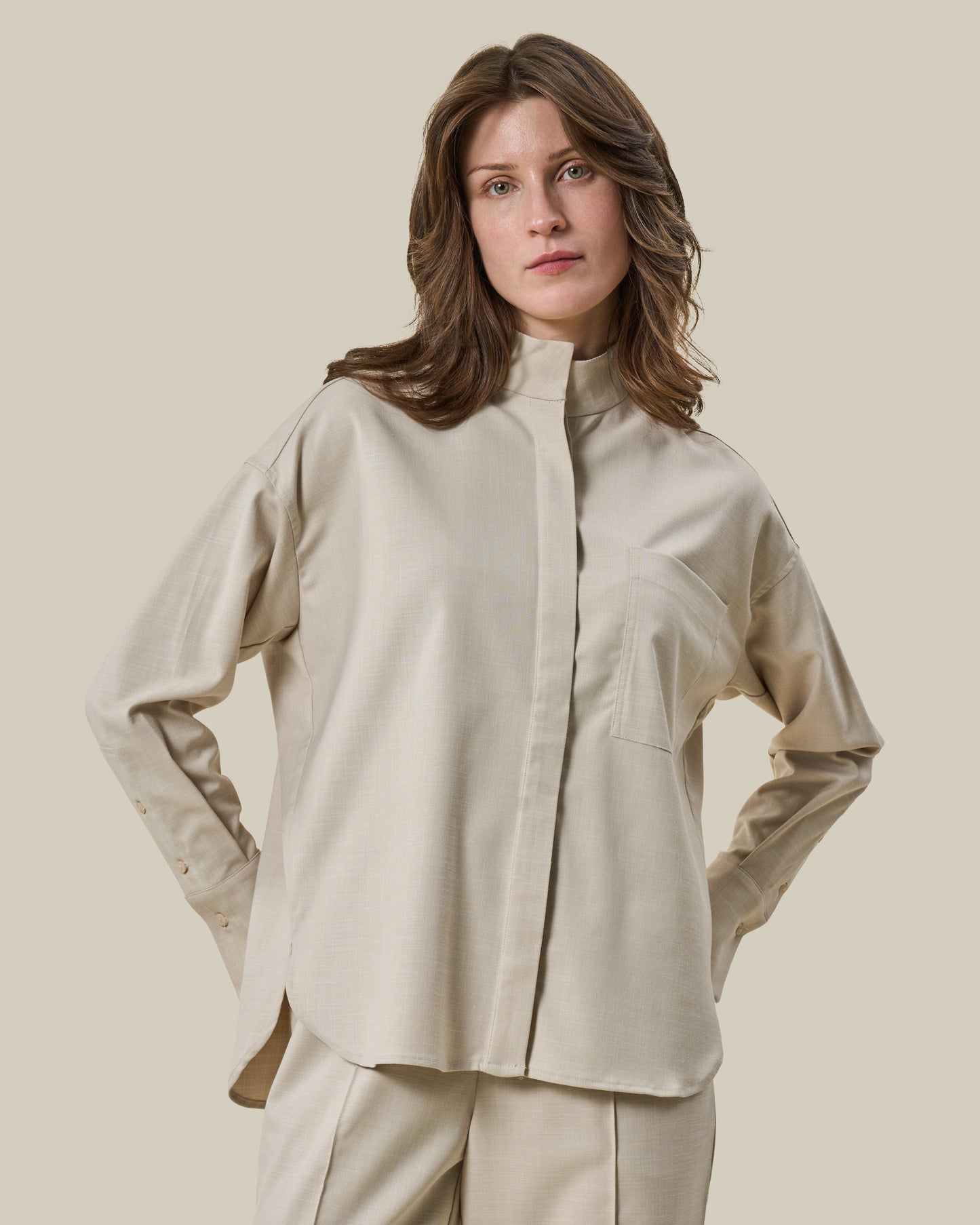 Beige High-Collar Oversized Shirt