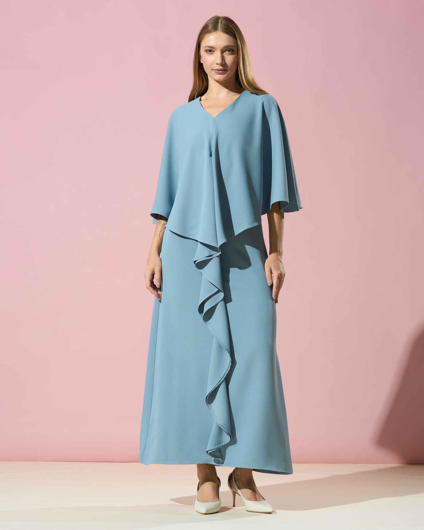 Dusty Blue Cape Overlay Dress