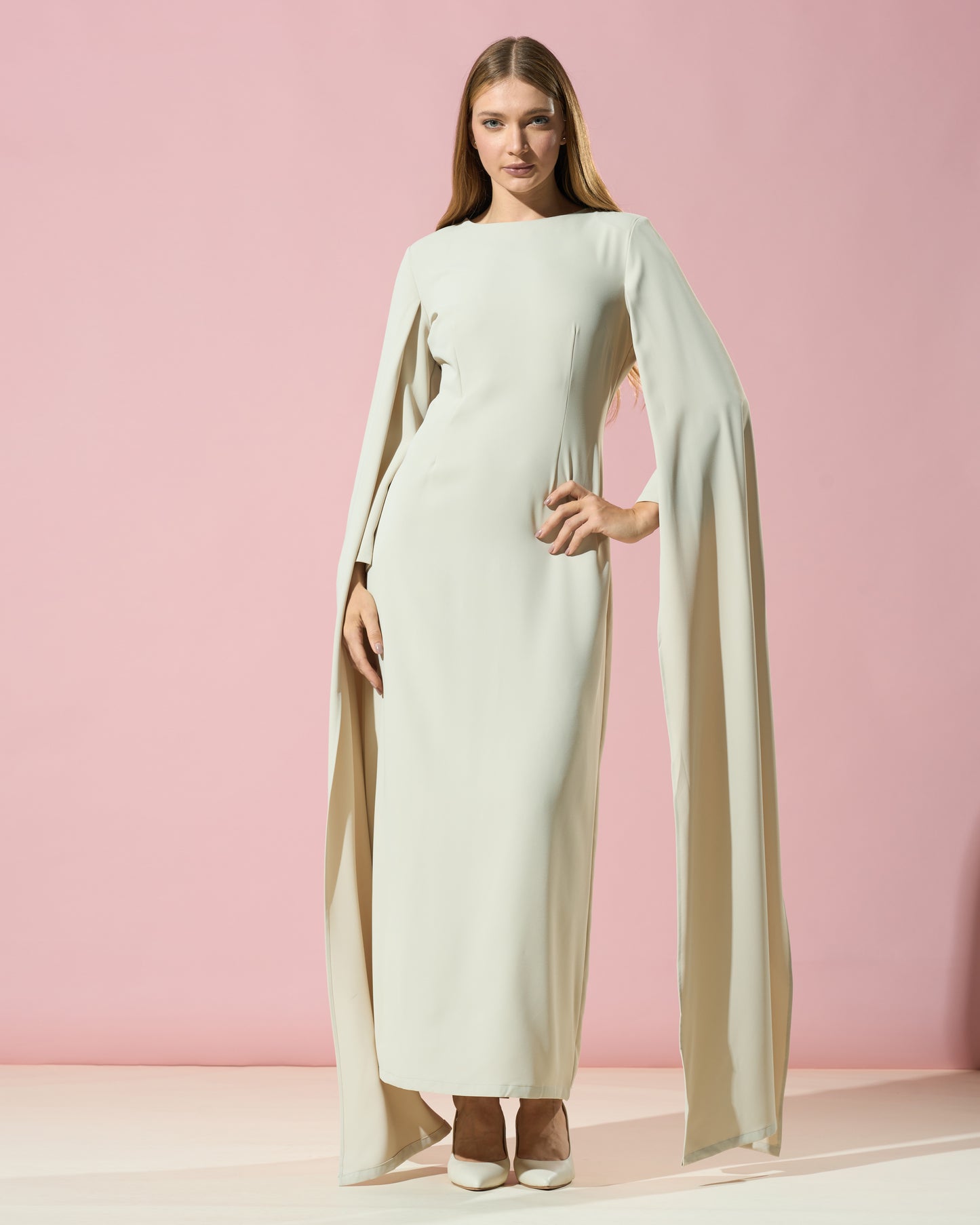 Ivory Cape-Sleeve Column Dress