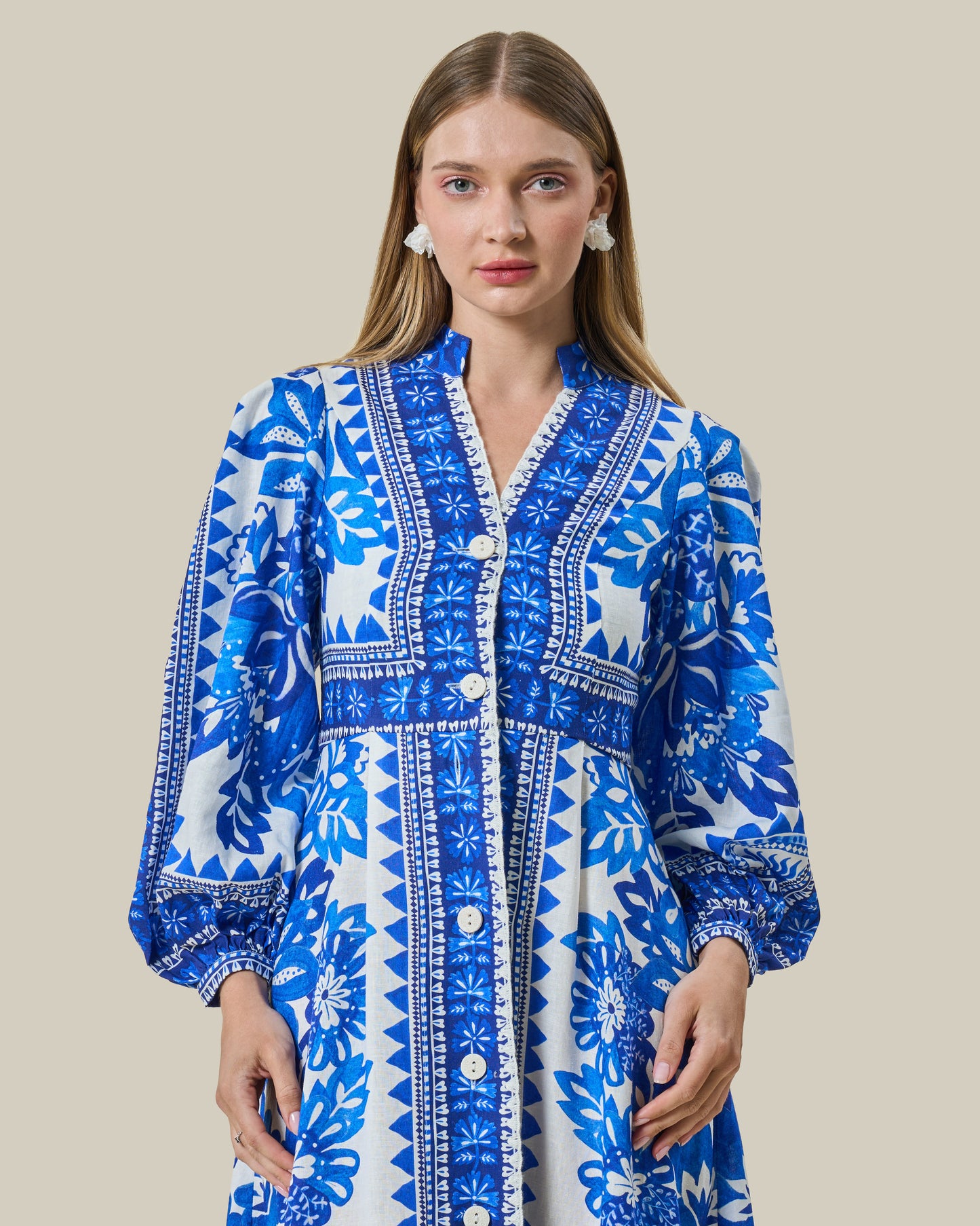 Porcelain Maiolica Border Print Maxi Dress