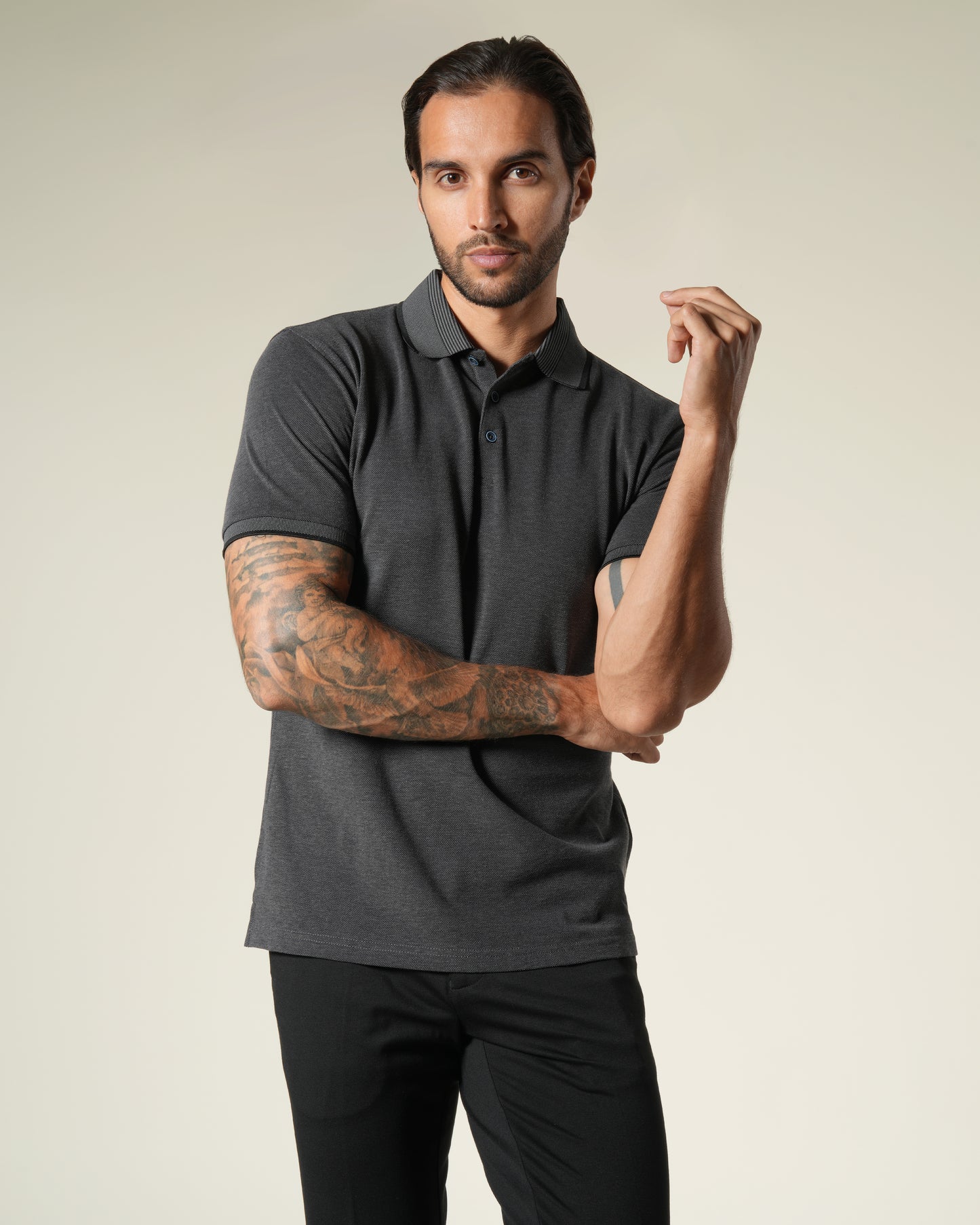Striped Collar Cotton Polo Shirt