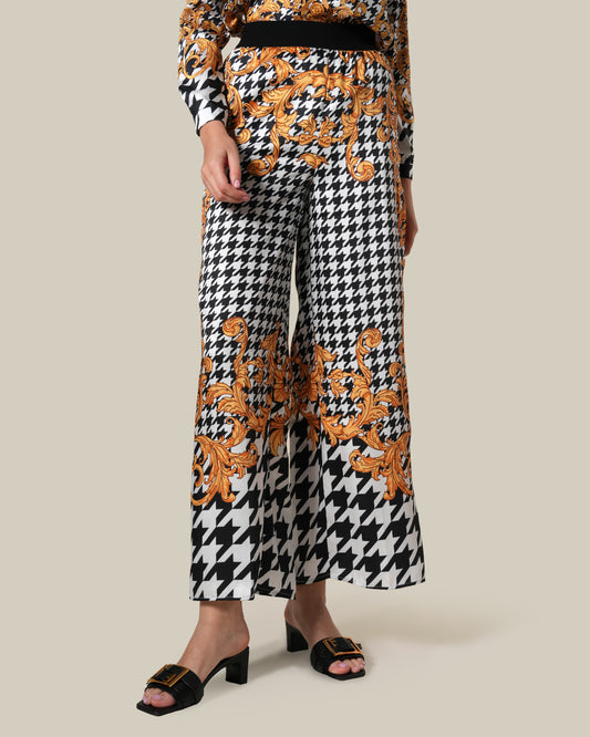Baroque Houndstooth Motif Wide Leg Pants