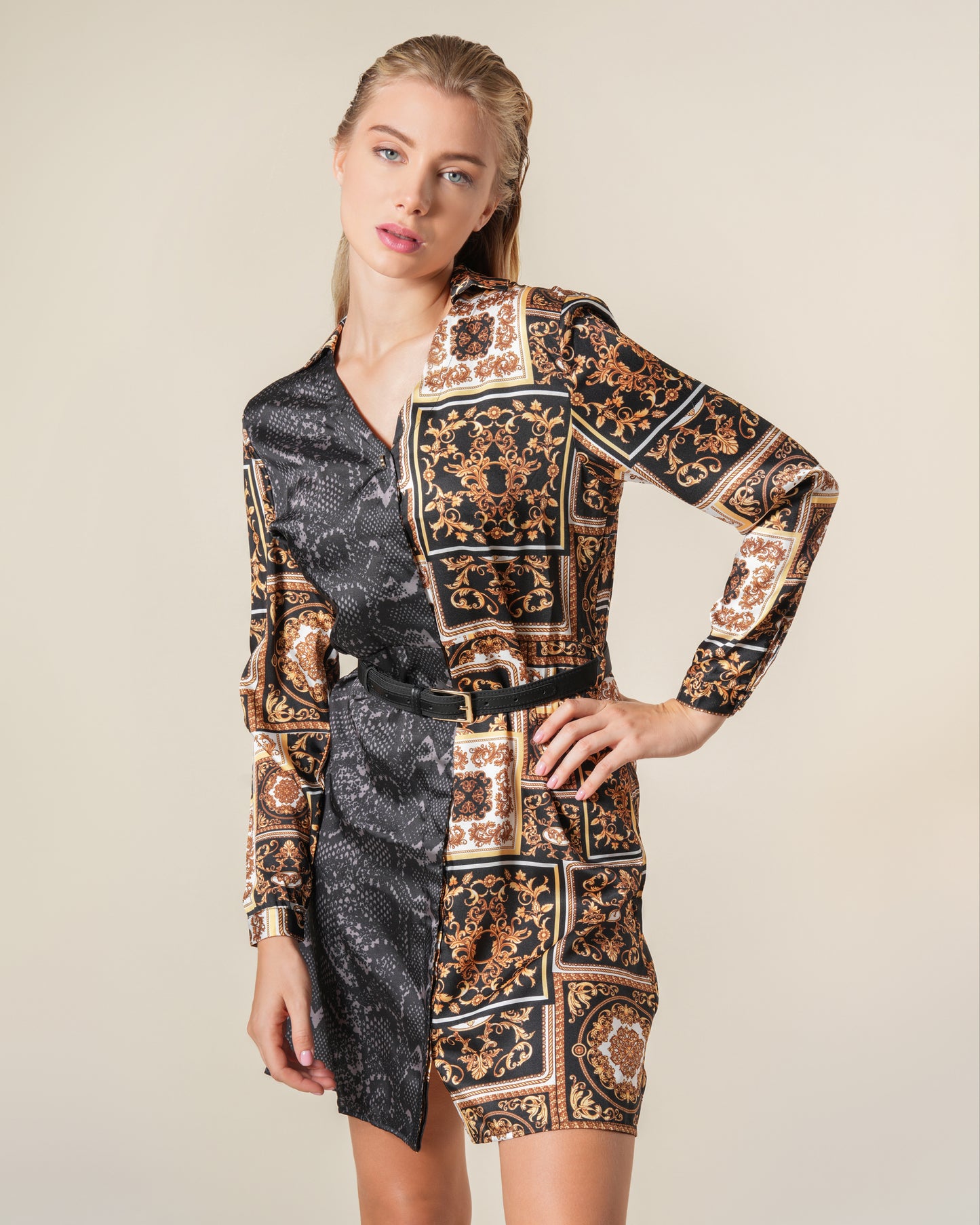 Snake and Baroque Print Mini Dress