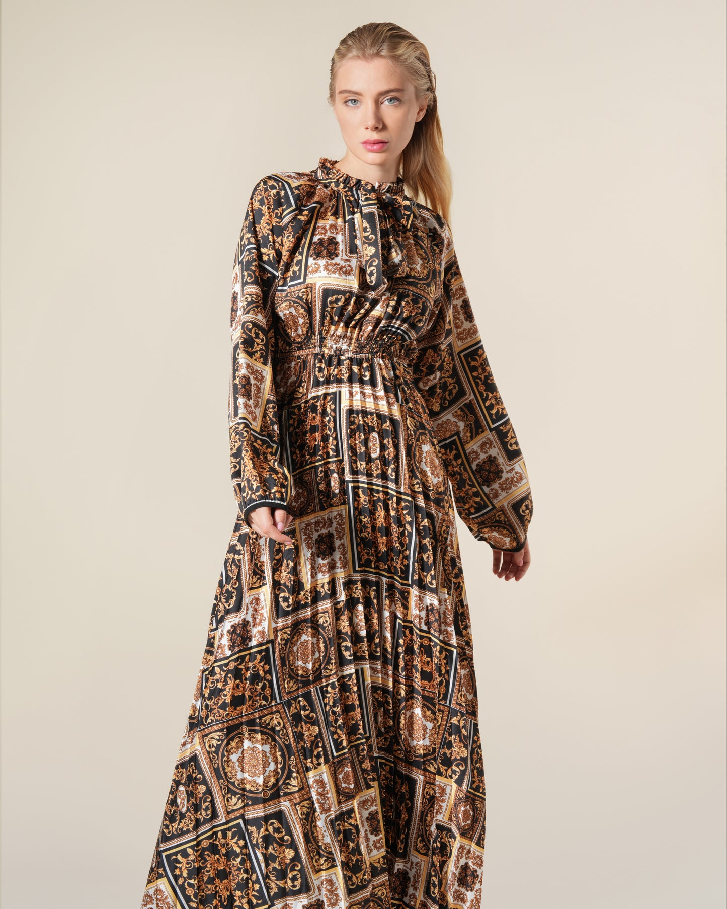 Baroque Patchwork Print Self-Tie Maxi Dress
