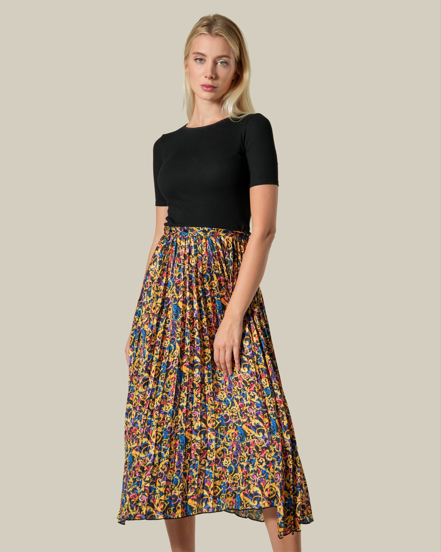 Multicolor Baroque Printed Plisse Midi Dress