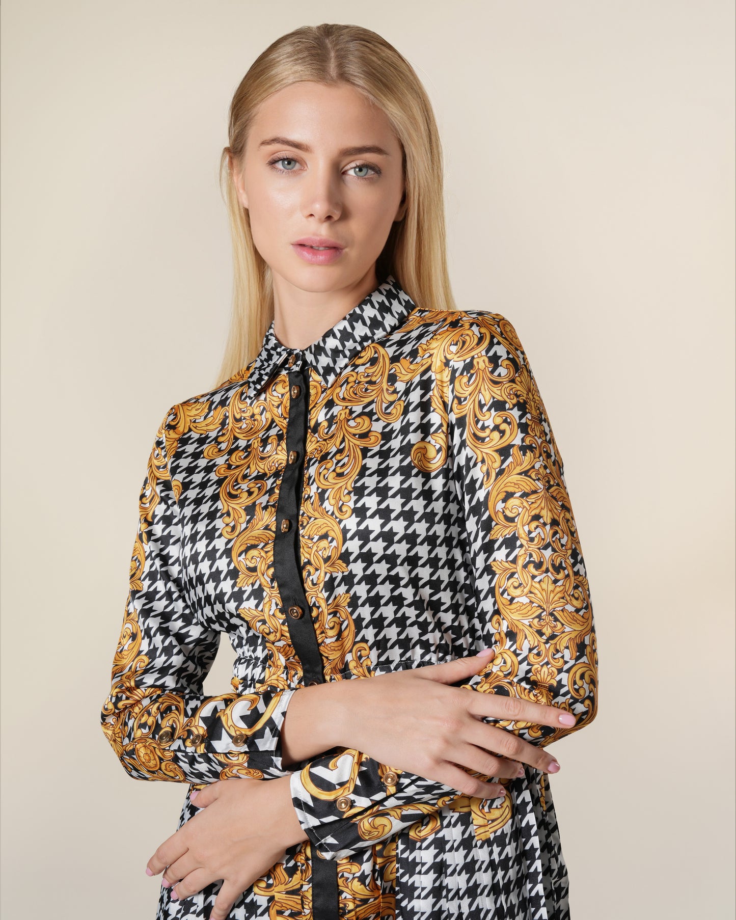Geometric Baroque Print Pleated Shirt Dress