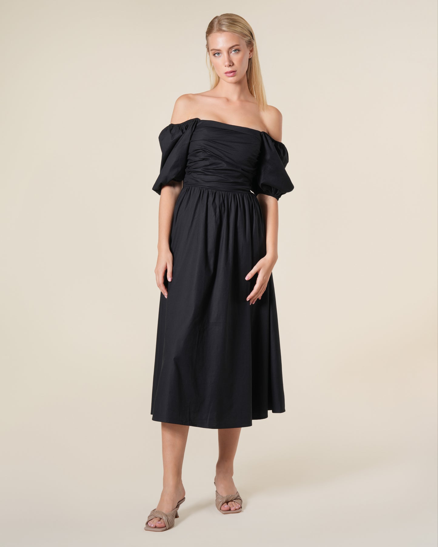 Puffed Sleeved Shirred Midi Dress
