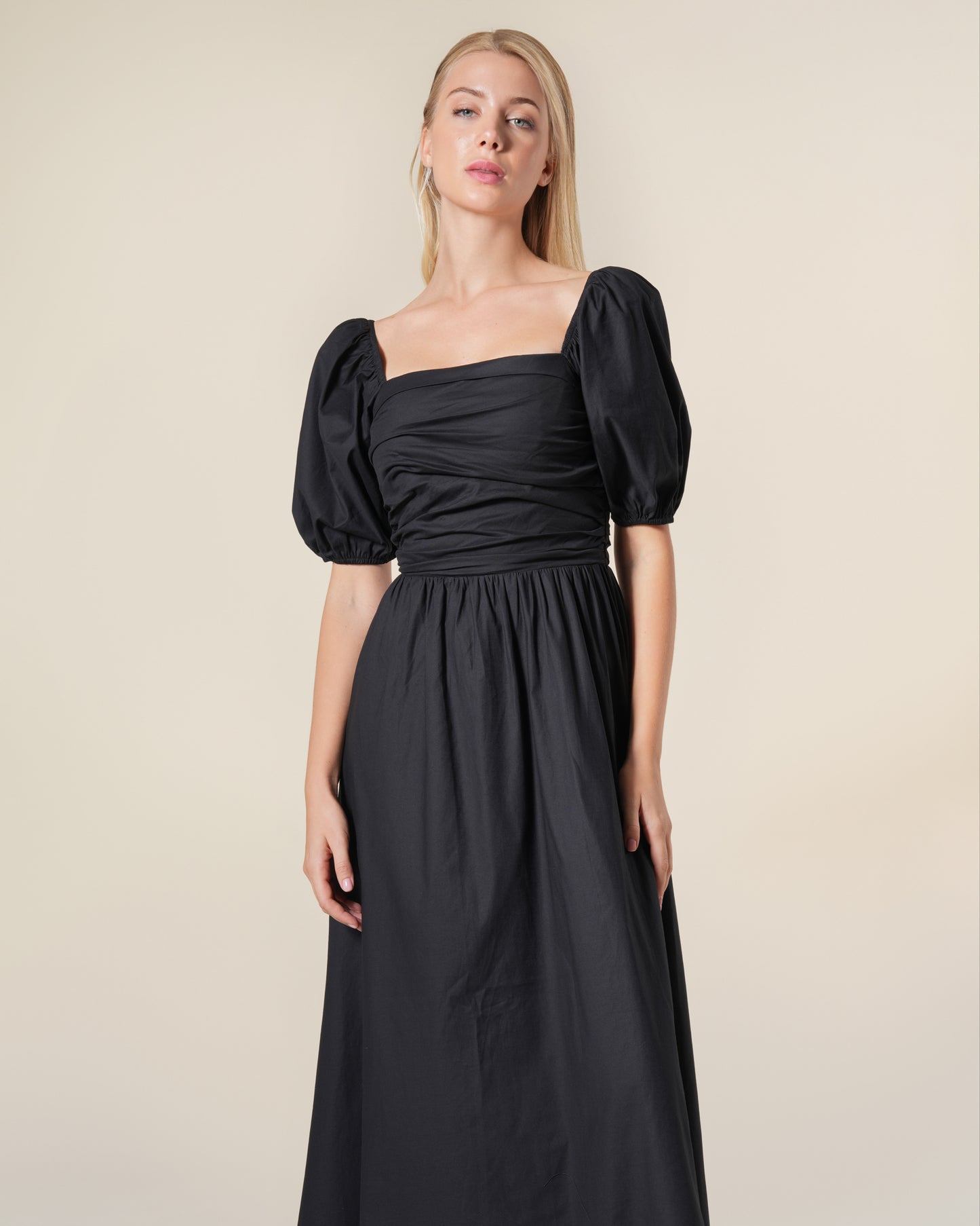 Puffed Sleeved Shirred Midi Dress