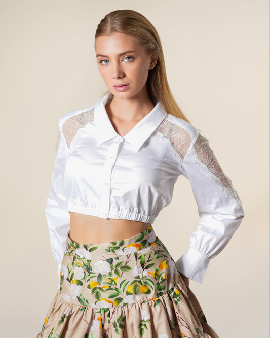 White Lace Insert Long Sleeves Shirt
