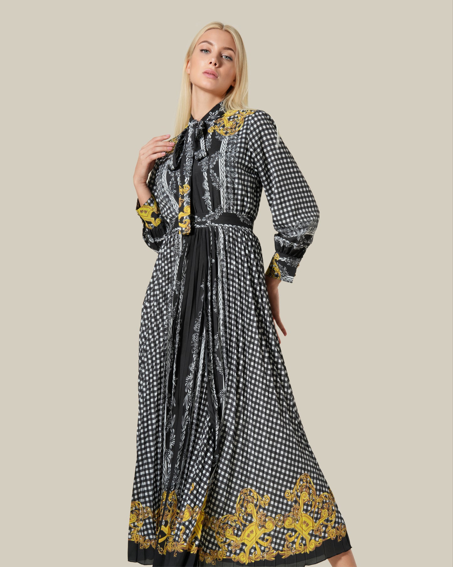 Checked Baroque Print Maxi Dress