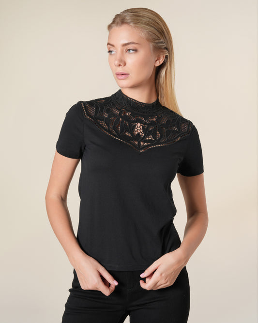 Broderie Anglaise High-Neck Cotton T-shirt