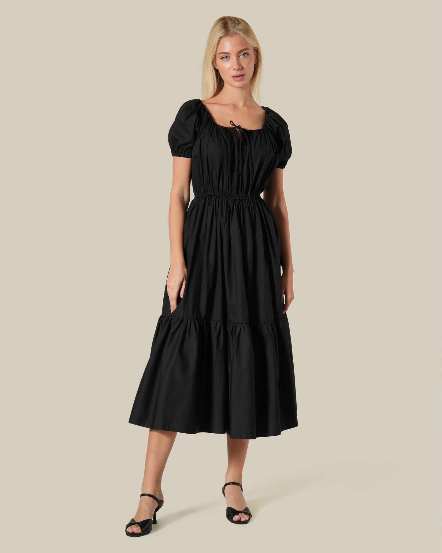 Puff Sleeved Cotton Midi Dress