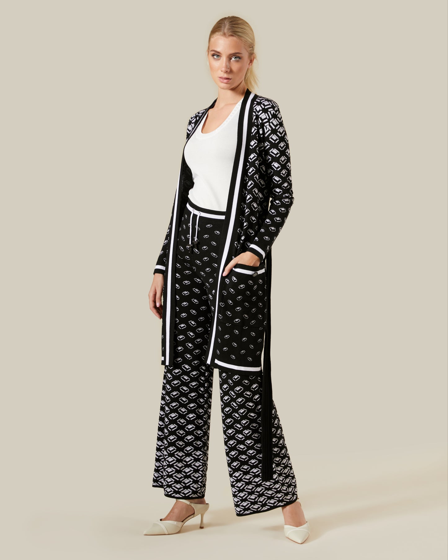 Geometric Patterned Belted Cardigan