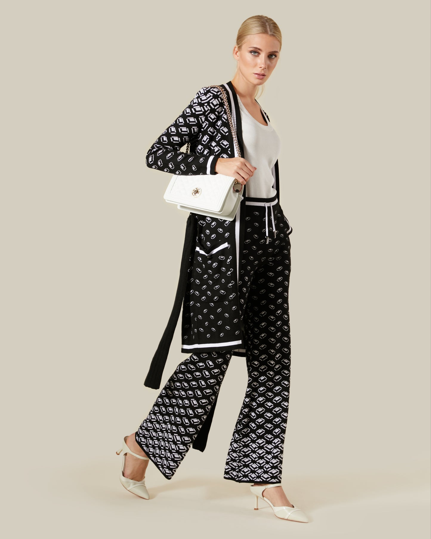 Geometric Patterned Belted Cardigan