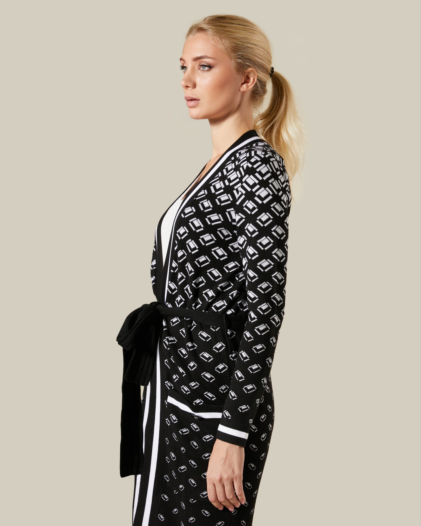 Geometric Patterned Belted Cardigan