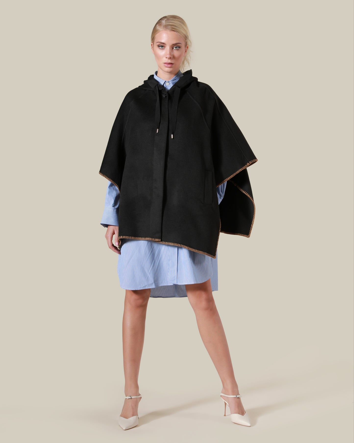 Contrast Stitching Hooded Poncho