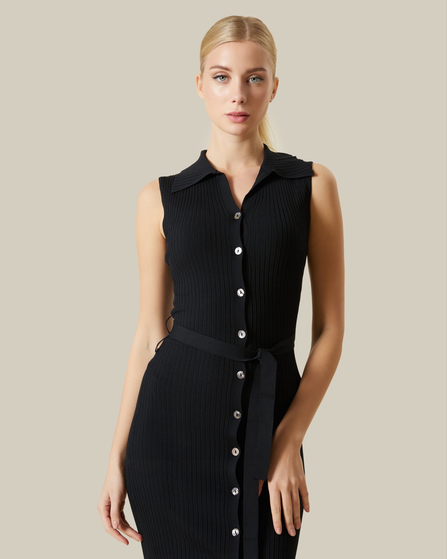 Buttoned Front Sleeveless Knit Dress
